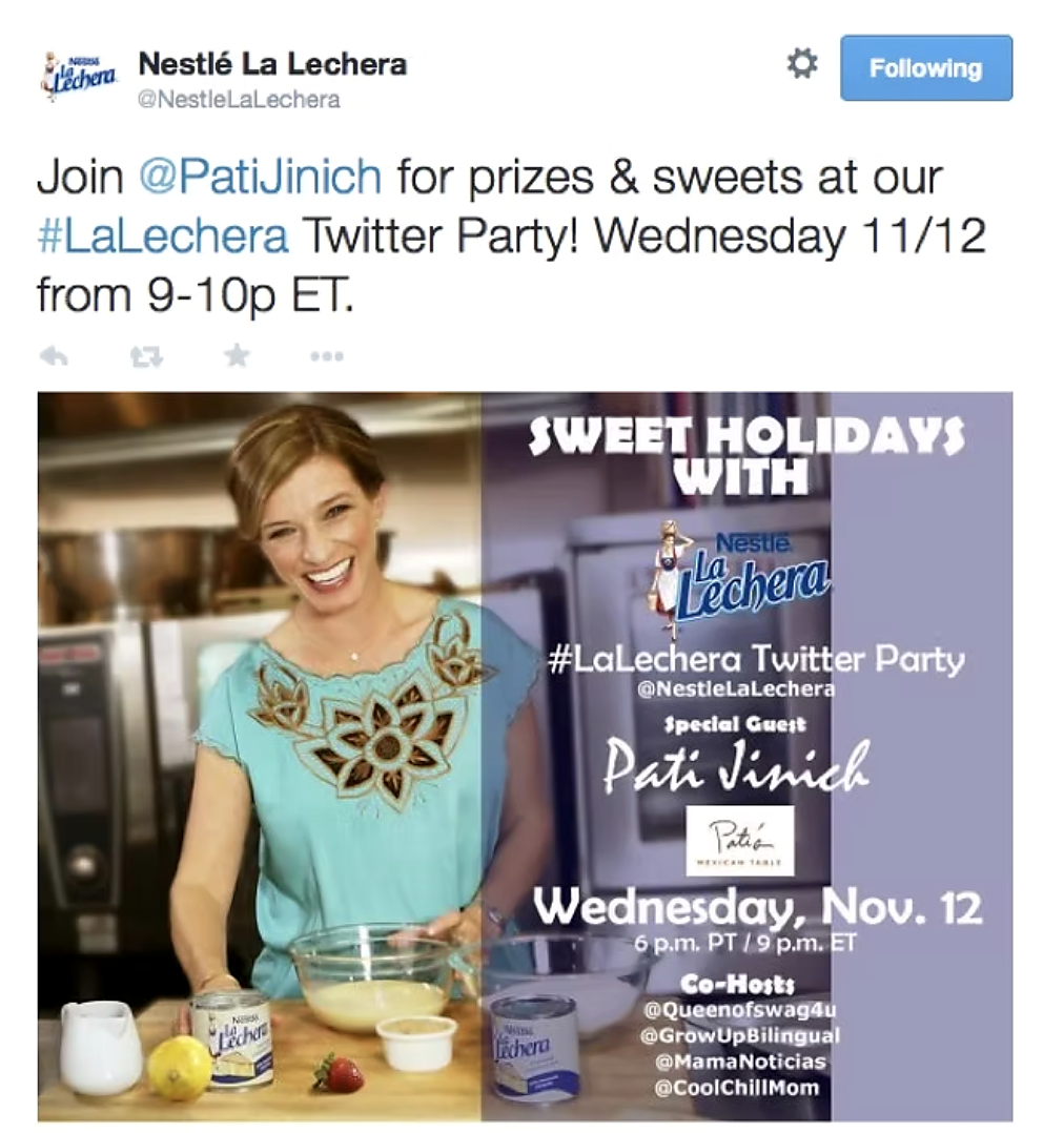 Nestlé La Lechera post on Twitter reading "Join @PatiJinich for prizes & sweets at our #LaLechera Twitter Party! Wednesday 11/12 from 9-10p ET" above a graphic of chef Pati Jinich in a kitchen beside a purple panel listing the party details and the La Lechera logo.