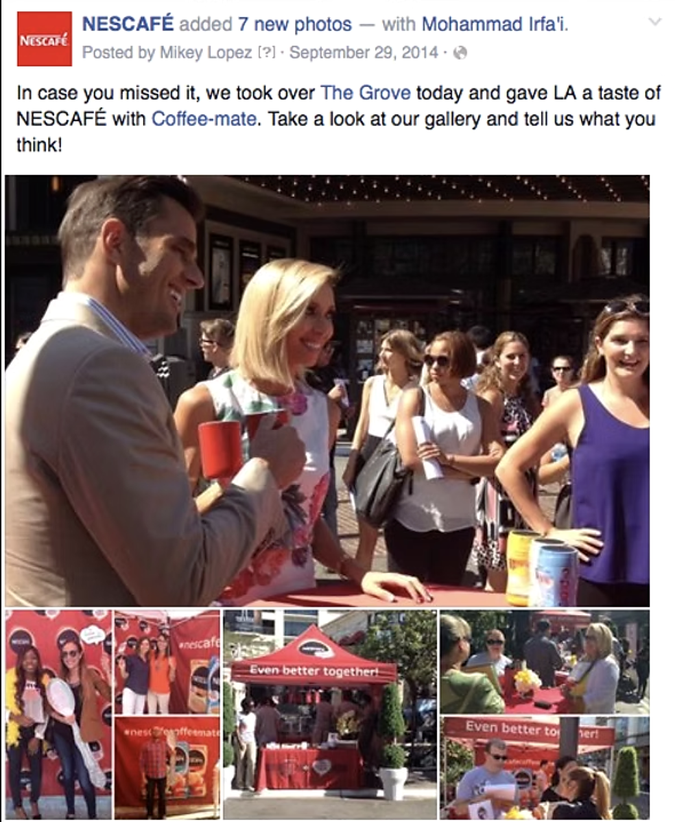 NESCAFÉ post on Facebook reading "In case you missed it, we took over The Grove today and gave LA a taste of NESCAFÉ with Coffee-mate" above a collage of photos from the brand activation, including guests holding red NESCAFÉ mugs, a red tent with the line "Even better together!", and a props photo booth.