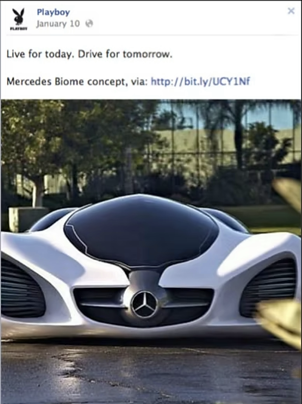 Playboy post on Facebook reading "Live for today. Drive for tomorrow. Mercedes Biome concept" above a photo of a silver Mercedes-Benz Biome concept car.