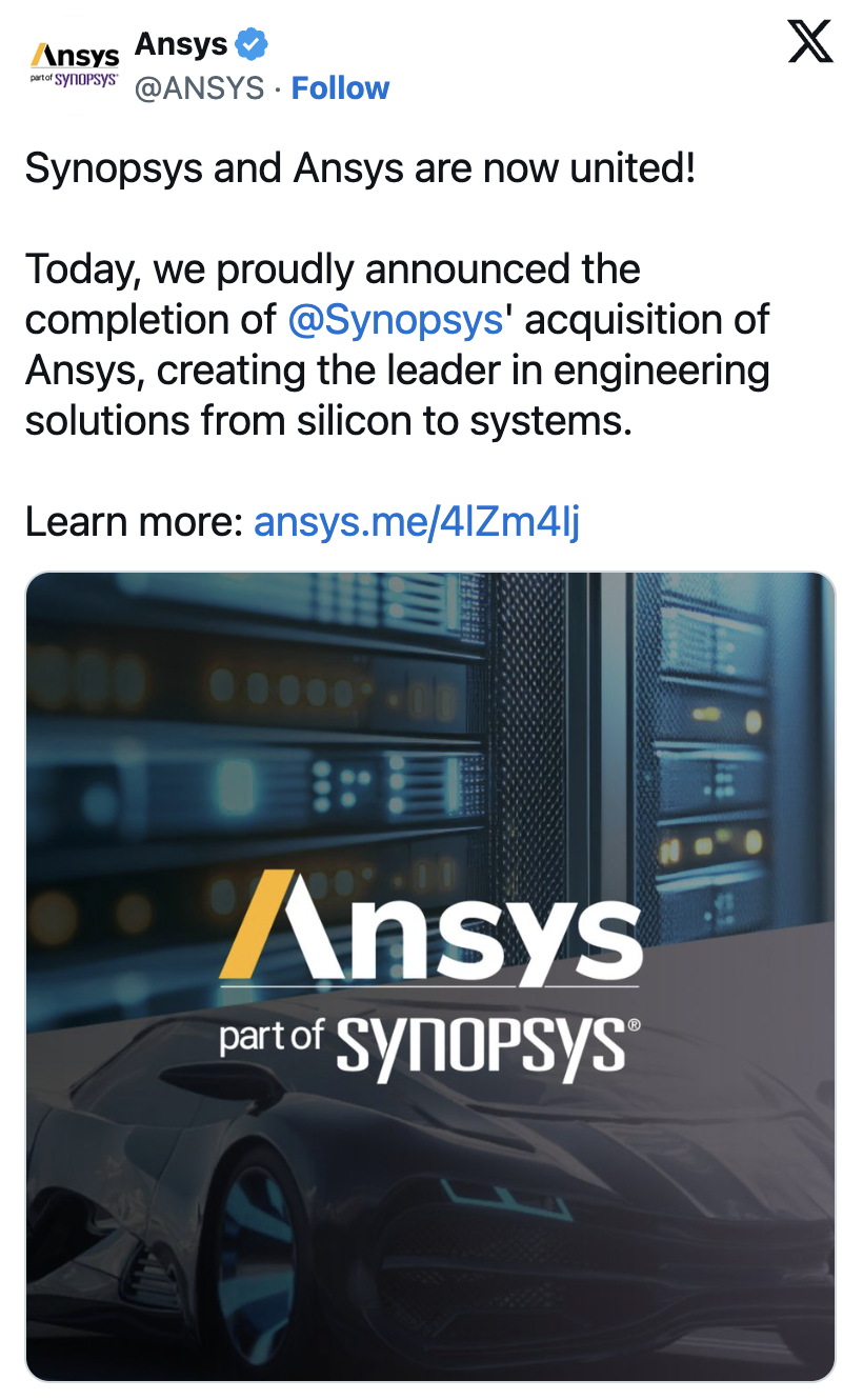 Ansys post on X reading "Synopsys and Ansys are now united" with the Ansys logo marked part of Synopsys over a graphic of a data center and a car.